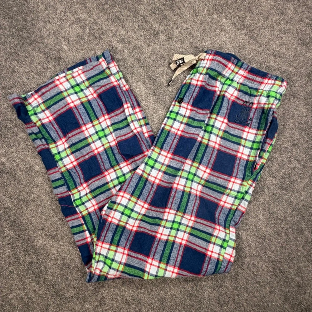 Psycho Bunny Mens Large Plaid Pajama Pants Navy Blue Green Cotton Rayon 0616